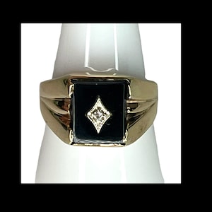 Vintage Retro Art Deco Men&#39;s Antique Romany Black ONYX & DIAMOND RING 10k Gold Men&#39;s Size 10.25 Excellent!