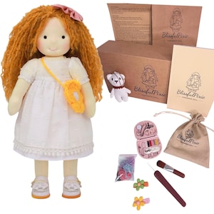 May include: A doll with long orange yarn hair, wearing a white dress with a yellow crocheted bag and white shoes. Included are a small white bear, a sewing kit, a drawstring pouch, two hair clips, two brushes, and BlissfulPixie branded paper items.
