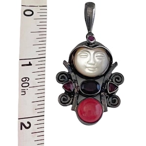 Vintage 925 Silver Sajen Necklace PENDANT Mother of Pearl Carved Moon Sun Face Garnet Ruby Peach Quartz Gemstones