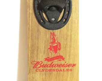 Beer Bottle Opener Budweiser Wood Iron Clydesdales Horse Shoe Wall Plaque 11"
