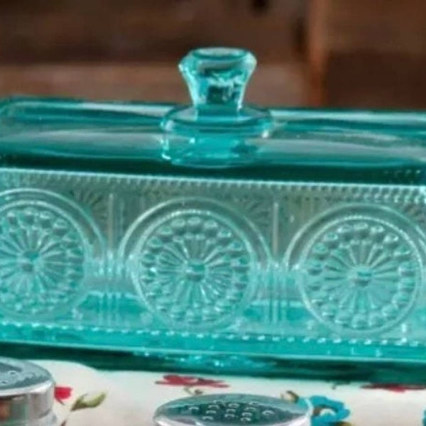 Pioneer Woman GLASS BUTTER DISH With Lid Floral Teal Adeline Covered Plate New In Box