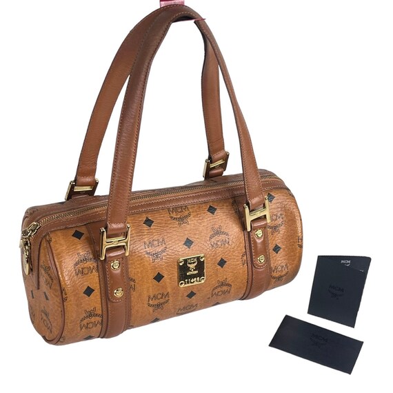 MCM Visetos Monogram Barrel Bag HANDBAG 12 Cognac Tube Purse Card Envelope Etsy Ireland