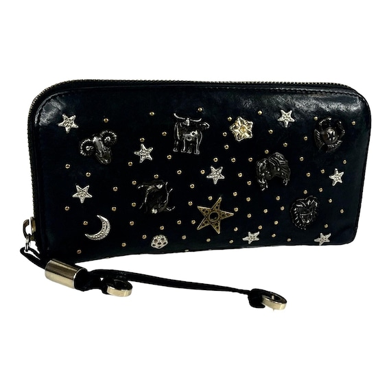 Jimmy Choo Long Wallet Zodiac Studded Zip Black Leather Clutch