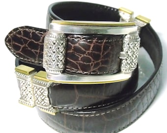 Brighton Ladies Leather Belt Silver Buckle 28" Reversible Brown Croc & Black