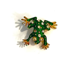 American Vintage FROG BROOCH PIN 1.25&quot; Enameled Gold Green Crystal Rhinestones