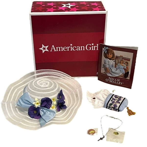 American Girl Nellie O'Malley MEET ACCESSORIES Cross Necklace White Straw Hat Flowers Hankerchief Purse & Coin In Box!