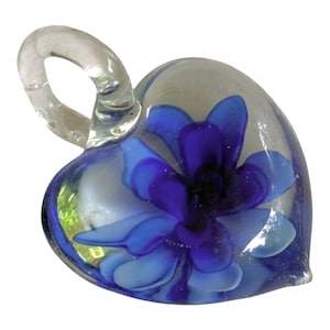 Murano Art Glass HEART PENDANT 1.75” For Necklace Blue Flower Clear Blown Glass
