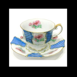 Vintage 60s Nippon Yoko Boeki  TEA CUP & SAUCER Set Blue Fishnet And Pink Flower Panel Japan