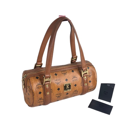 MCM Visetos Monogram Barrel Bag HANDBAG 12 Cognac Tube Purse Card Envelope Etsy Ireland
