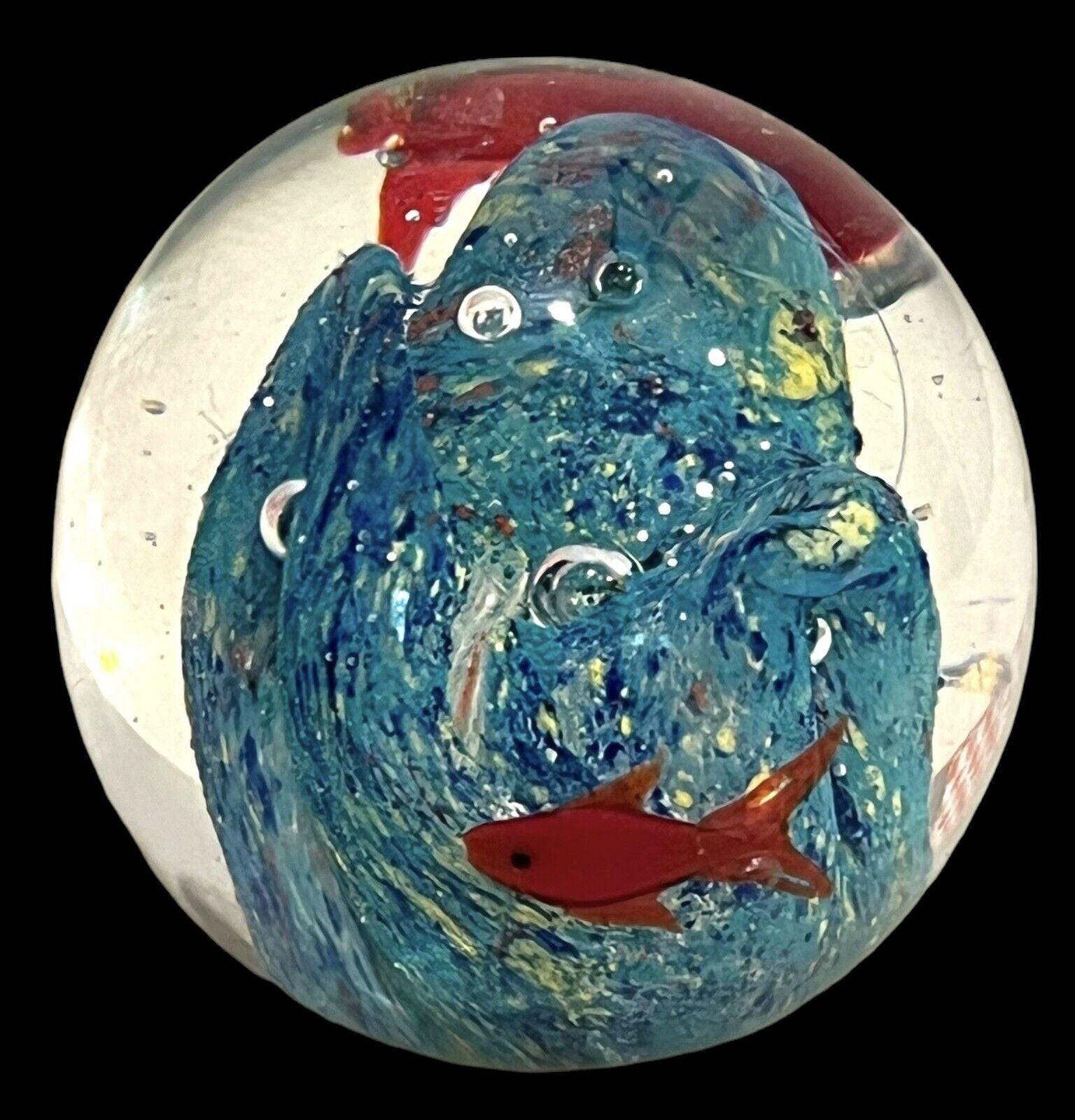 Art Glass Paperweight Hand Blown Ocean Coral Reef Red Coi Fish Waves 2. ...