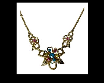 VTG Coro Gold Pastel Rhinestone Flower NECKLACE 16” Bar Link Chain Multi Color