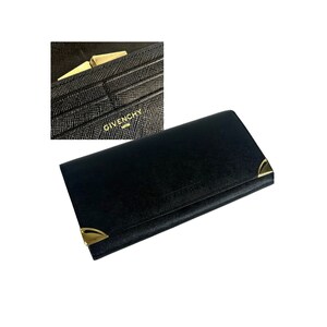 Vintage Auténtico Givenchy Long WALLET Cuero Bifold Clutch Hombres o Mujeres Oro Negro