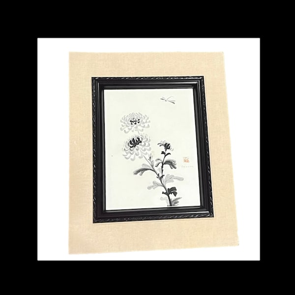 JM Kijima Signed Watercolor Painting Japanese Chrysanthemum Flowers 16x20 Matted