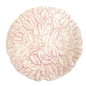 May include: A round, off-white ceramic plate with a raised, repeating leaf pattern in a soft pink color. The plate has a scalloped edge and a detailed, textured surface, suitable for serving or display.