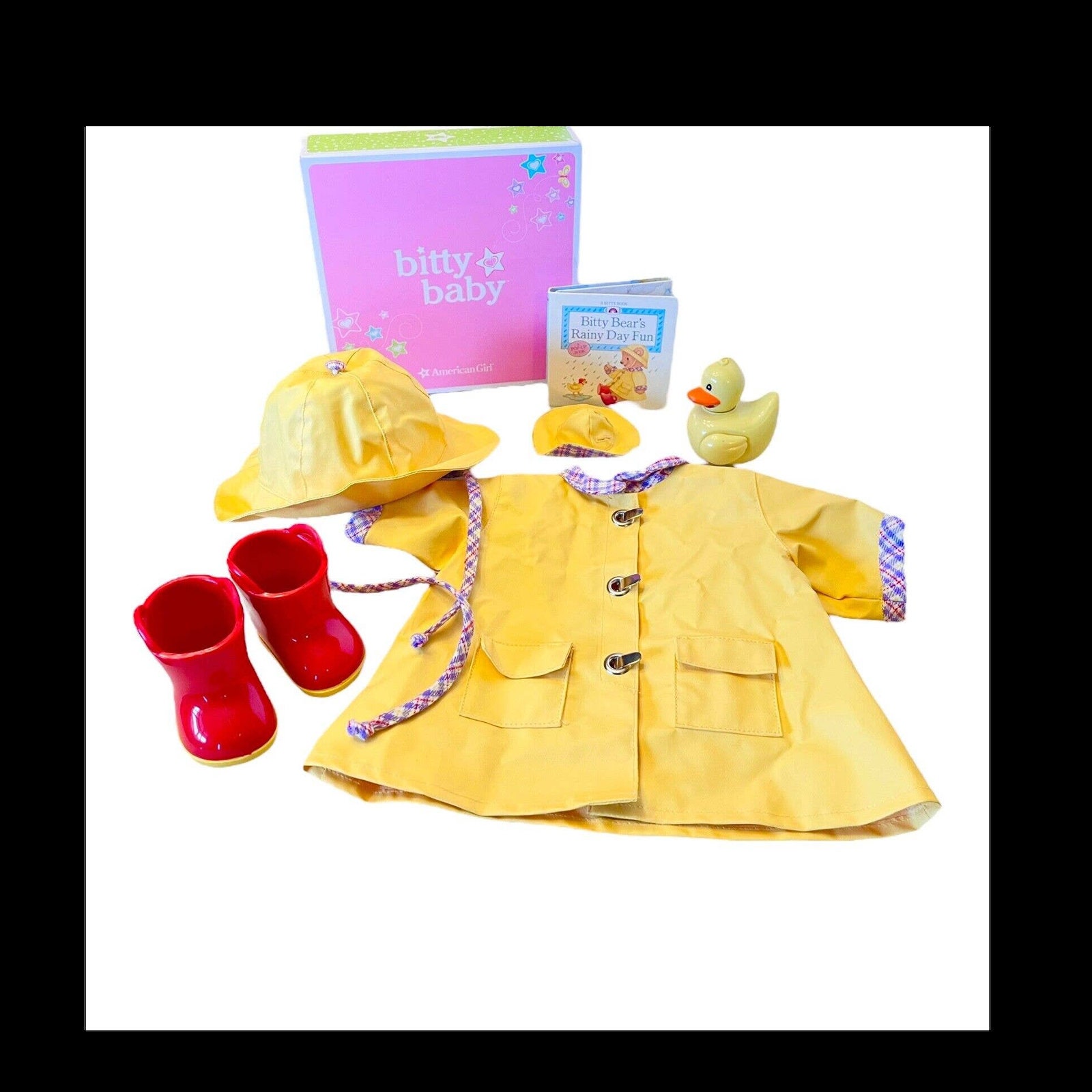 American Girl Bitty Baby RAINY DAY SET Jacket, Hats, Galoshes, Wind-Up Duck  Toy, Book Pleasant Company Labeled New Condition In Box!