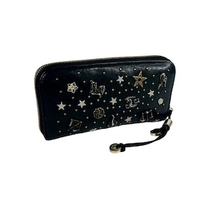 Vintage auténtico Jimmy Choo Zodiac tachonado cremallera larga WALLET cuero negro embrague bolso metal Stud bolso