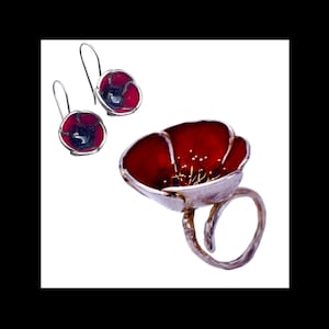 Red Poppy Flower RING & EARRINGS Set 925 Sterling Silver Adjustable Size