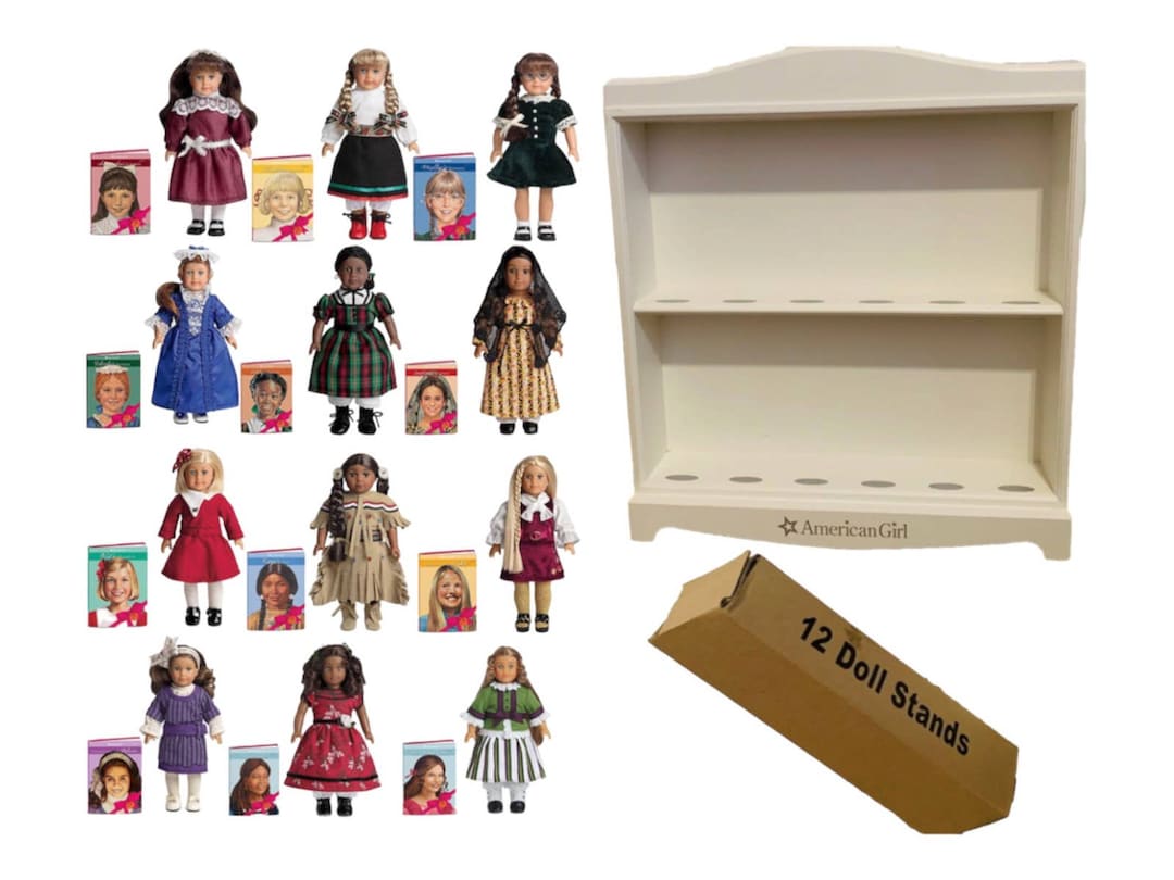 New American Girl MINI DOLLS SET 12 Shelf Books Boxes Stands 25