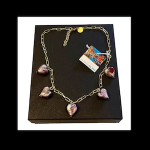 New Vintage Venetian Murano Glass HEARTS NECKLACE Silver Foil Dyadema Made In Italy With Tags!