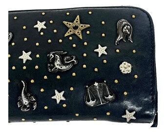 Jimmy Choo Long Wallet Zodiac Studded Zip Black Leather Clutch