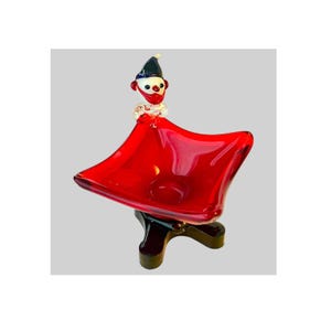 Vintage 60&#39;s Murano Italy Art Glass CLOWN DISH FIGURINE 6&quot; Square Candy Nut Bowl Red Black