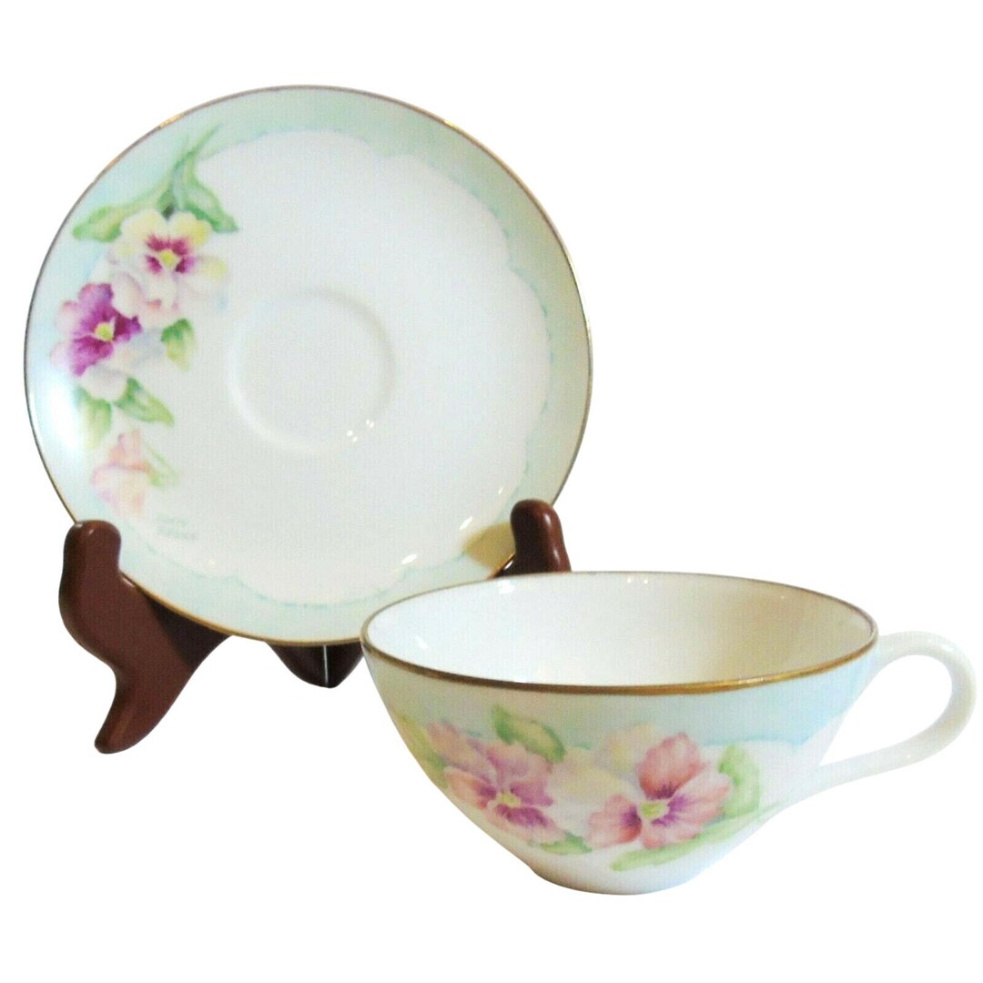 Aci Tea Cup & Saucer Set Porcelain Pansy Flower Hand Painted Signed ...
