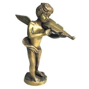 Vintage Solid Brass CHERUB FIGURINE 6&quot; Angel Statue Playing Violin Viola Child
