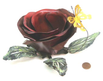 Vtg Metal Candle Holder 5" Red Rose Flower Votive Tealight Decor Brass Butterfly