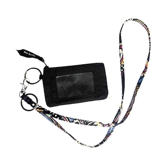 Vera Bradley Zip ID Case & Lanyard Wallet Purse Key Ring Black Perennials Noir