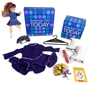 Vintage American Girl Pleasant Company Ice Skating STAR OUTFIT & GEAR Skates Flowers Barrette Leotard Dress Blade Guards Mini Grin Pins Box