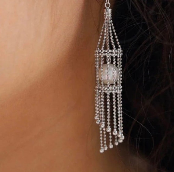 Dancing Lantern EARRINGS Captured Pearl Silver Bi… - image 2