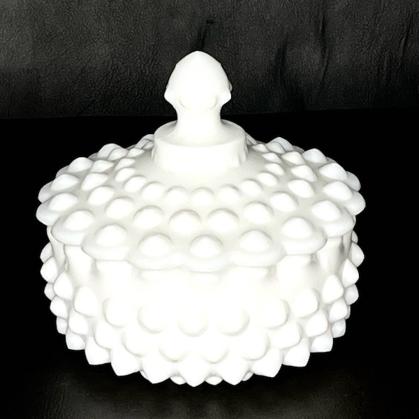 1950 ' s Fenton Hobnail Milk Glass CANDY DISH + LID 6" White Covered Dresser Jar Nut Dish Decor