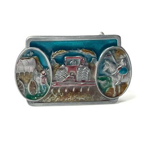 Vintage 1986 CJ inc Cowboys & Indians BELT BUCKLE Farm Tractor Indian Chief Horse