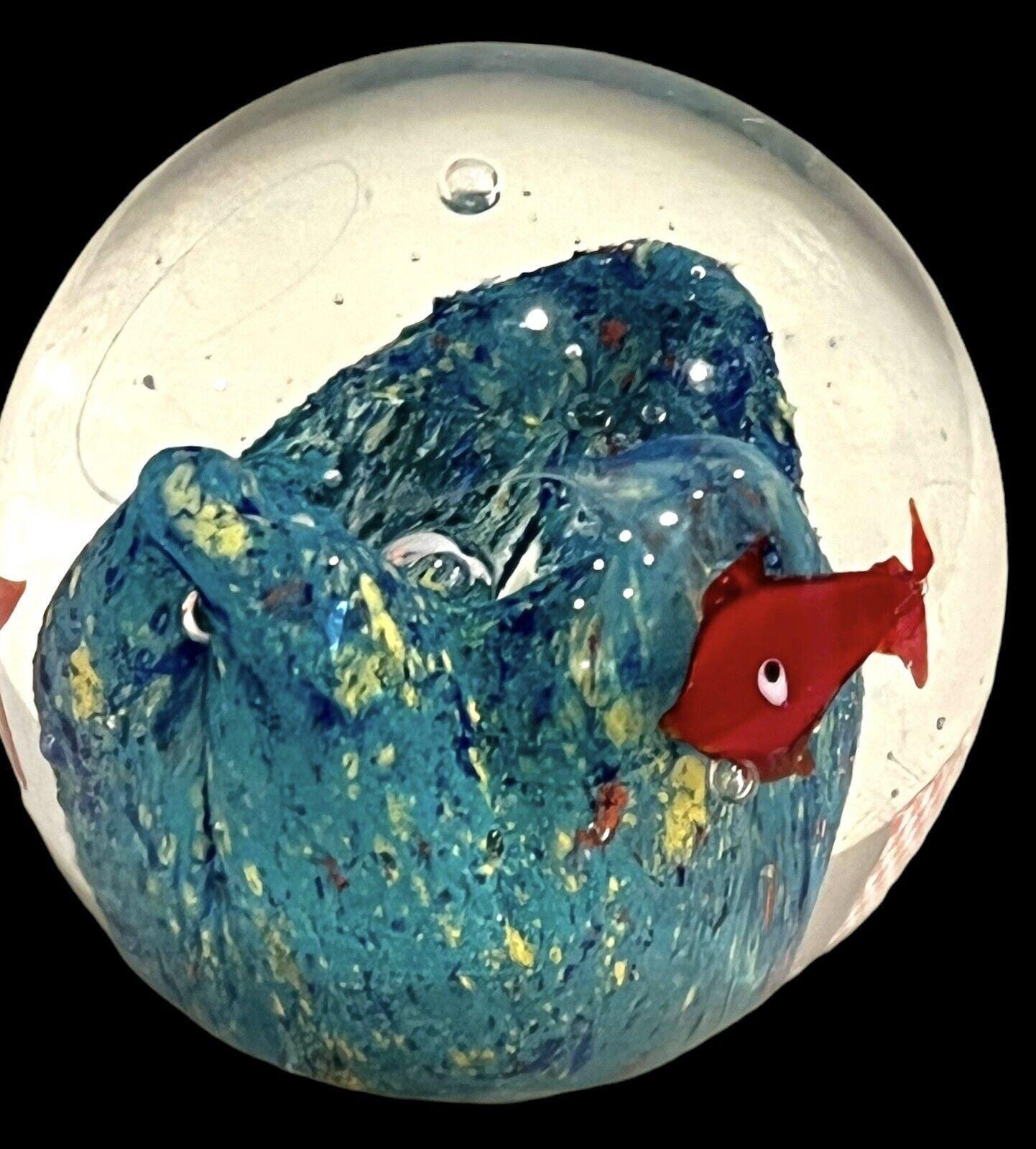 Art Glass Paperweight Hand Blown Ocean Coral Reef Red Coi Fish Waves 2. ...