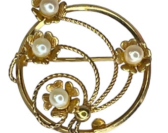 Vintage 120 12k Flor de oro y perla sintética BROCHE 1.5" Pin /Colgante Ramo Espiral