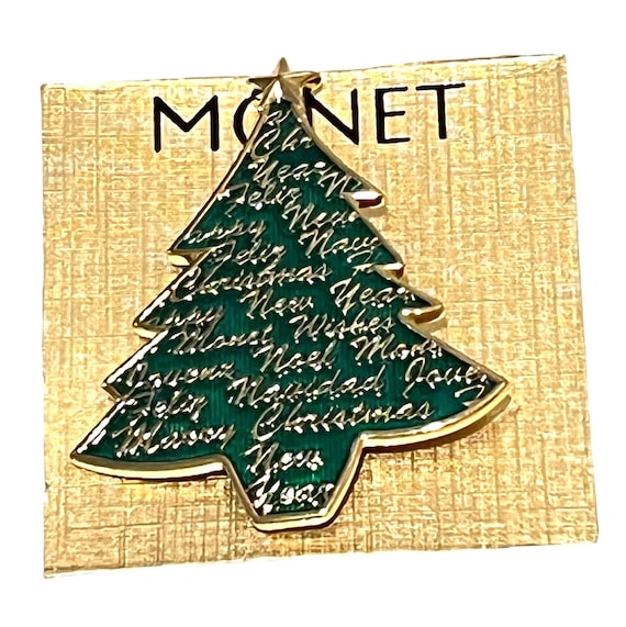 Vintage MONET Enameled Gold & Green Christmas TRE… - image 1