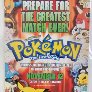 POKEMON PRIMEIRO FILME 1999 Anúncio original 11x7 História em quadrinhos Pikachu Charizard Mewtwo Mew Eevee Sylveon Snorlax Arcanine Idem Nintendo