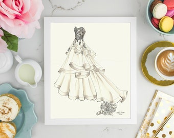 Jahrestag Geschenk - Hochzeitsgeschenk oder Braut shower Geschenk - Eine individuelle Hochzeitskleid Skizze - 3/4 Frontansicht