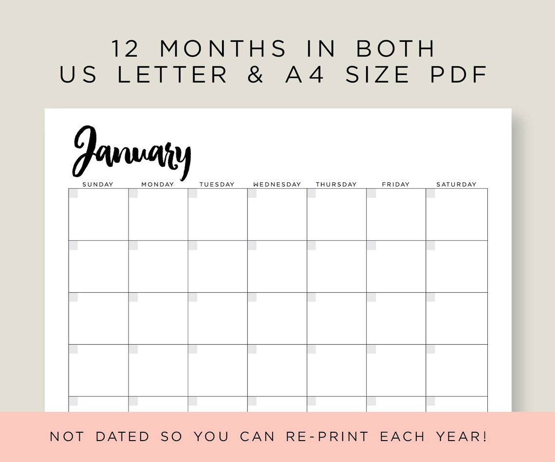 Monthly Calendar printable Large Monthly Calendar with blank Etsy