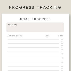 May include: A printable goal progress tracker with a blank space for writing "The Goal" at the top. The tracker has columns for "Actions Steps", "Due", and "Done" with checkboxes for each step.