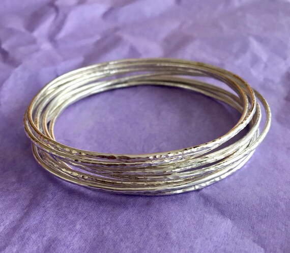 Hammered Silver Sterling Bangles Set - Stackable Bangle Bracelets in Various Sizes and Sets | Boho & Hippie Jewelry Gifts for Her and Moms