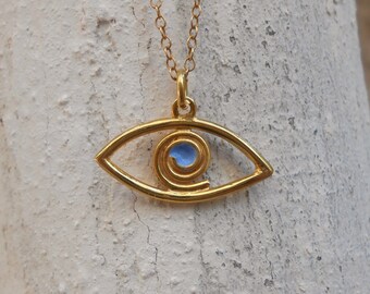 Evil eye necklace ,Silver lucky charm ,Evil eye,Mati ,18kt goldplated silver pendant with chain,Light blue enam