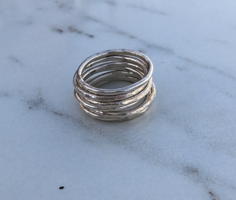 Sterling Silver Hammered Bands , Stackable Rings , 7 Band Set ...