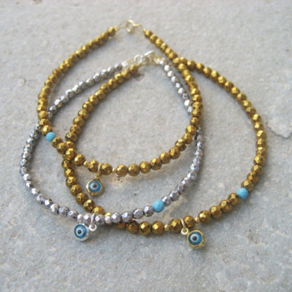 Evil eye bracelet ,Hematite bracelet, mati charm  ,Charm bracelet ,Beads with silver and turquoise bead,Silver bracelet ,