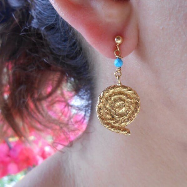 Statement earrings, silver earrings, goldplated earrings, Greek spyra  18kt goldplated silver with turquoise, sterling silver 925