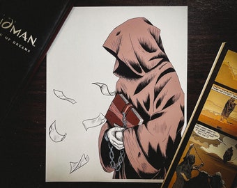 May include: An illustration of a robed figure holding a book with a chain, with floating papers. The figure is in brown and pink tones, with a black outline. A book titled "The Sandman: King of Dreams" is visible in the image.