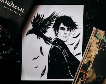 May include: A monochrome illustration featuring a figure with a raven and feathers. The artwork is set against a white backdrop, with two books visible. One book is titled "The Sandman King of Dreams."