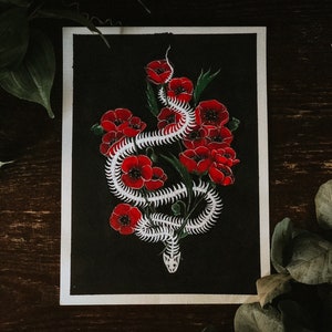 Poppy Snake Skeleton - 8x10 Illustration- Art Print