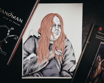 May include: An illustration of a person with red hair, holding a bloody object, with two white rats. The artwork is next to a book titled "Sandman King of Dreams" and a book with the number 7 on the cover.