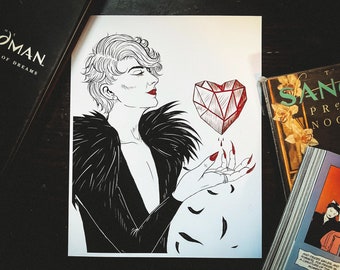 May include: Monochrome illustration of a person with a black feathered shawl, holding a red geometric heart. The artwork is on white paper, with two books in the background. The image has a comic book style.